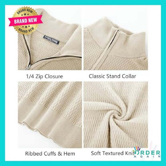 Quarter Zip Pullover Slim Fit Knit Textured Mock Neck Casual Elegant Classic - Picture 6 of 8